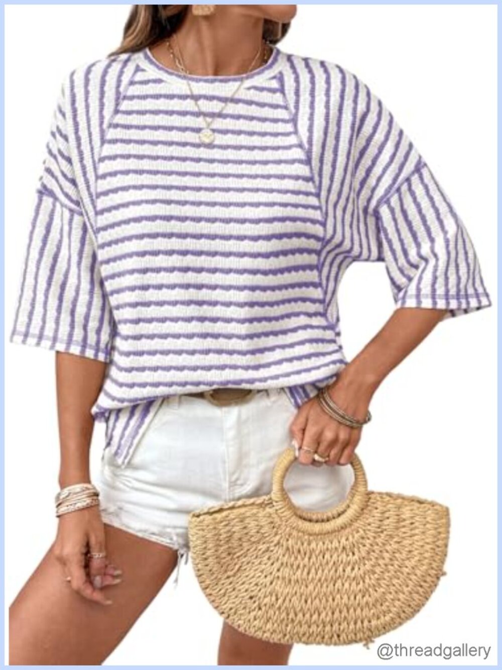 Oversized Striped Color Block Short Sleeve Crewneck T-Shirt Loose Fit Casual Tee